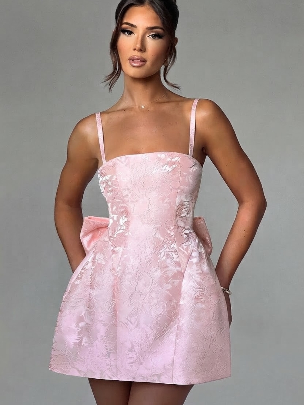 Elegant Pink Floral  Mini Dress with Bow Detail